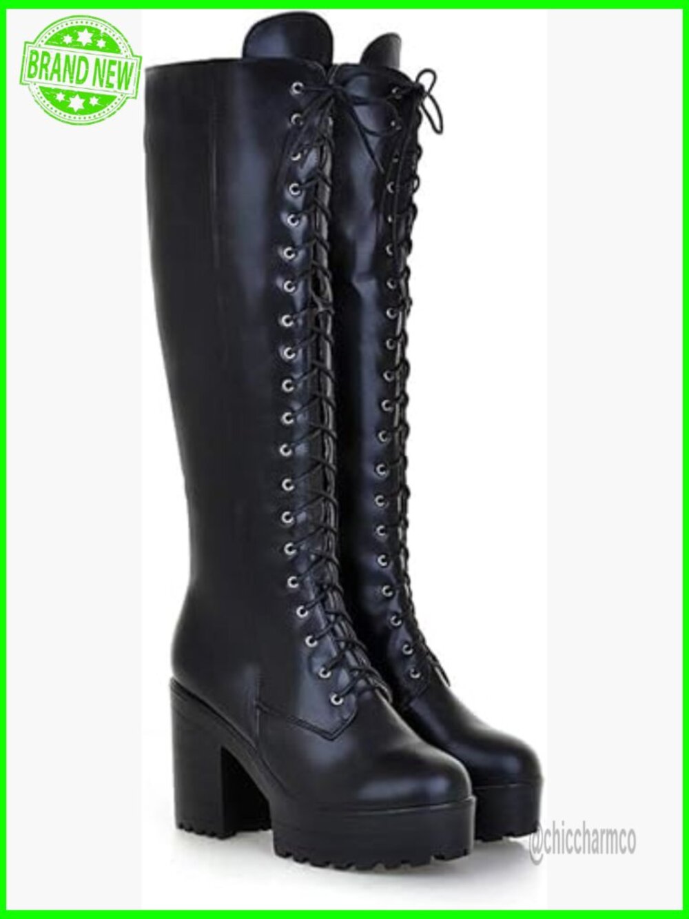 Lace-up Strappy Knee High Combat Heeled Boots Chunky Platform Shoes